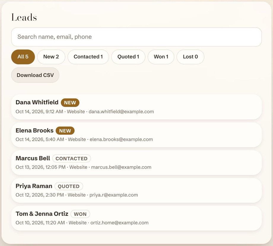 The HeadRail lead inbox with new, contacted, quoted and won website leads