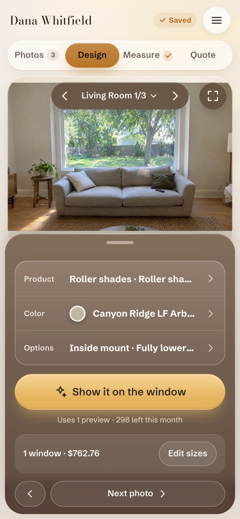 HeadRail rep app, Design step: a living room photo with roller shade, fabric and options picked, and a Show it on the window button