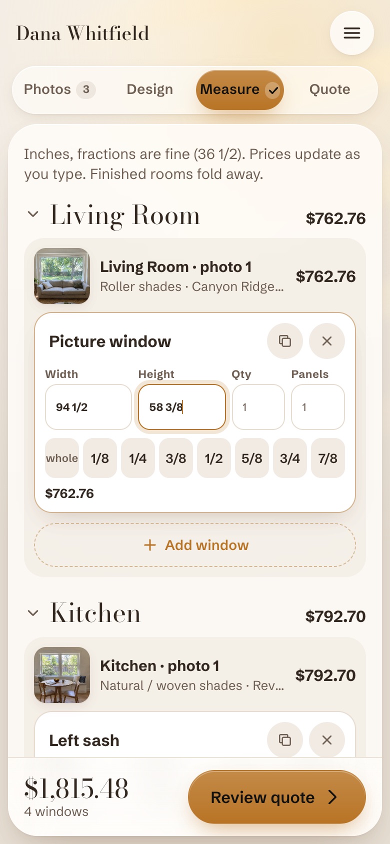 HeadRail rep app, Measure step with a number keypad and a row of fraction keys