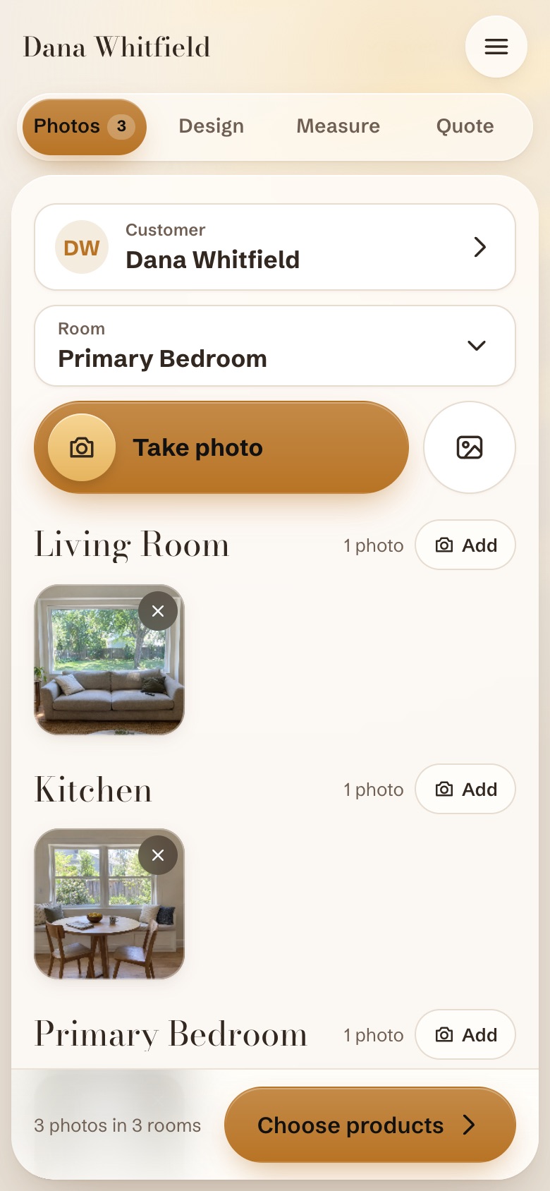 HeadRail rep app, Photos step: a customer with living room, kitchen and bedroom photos