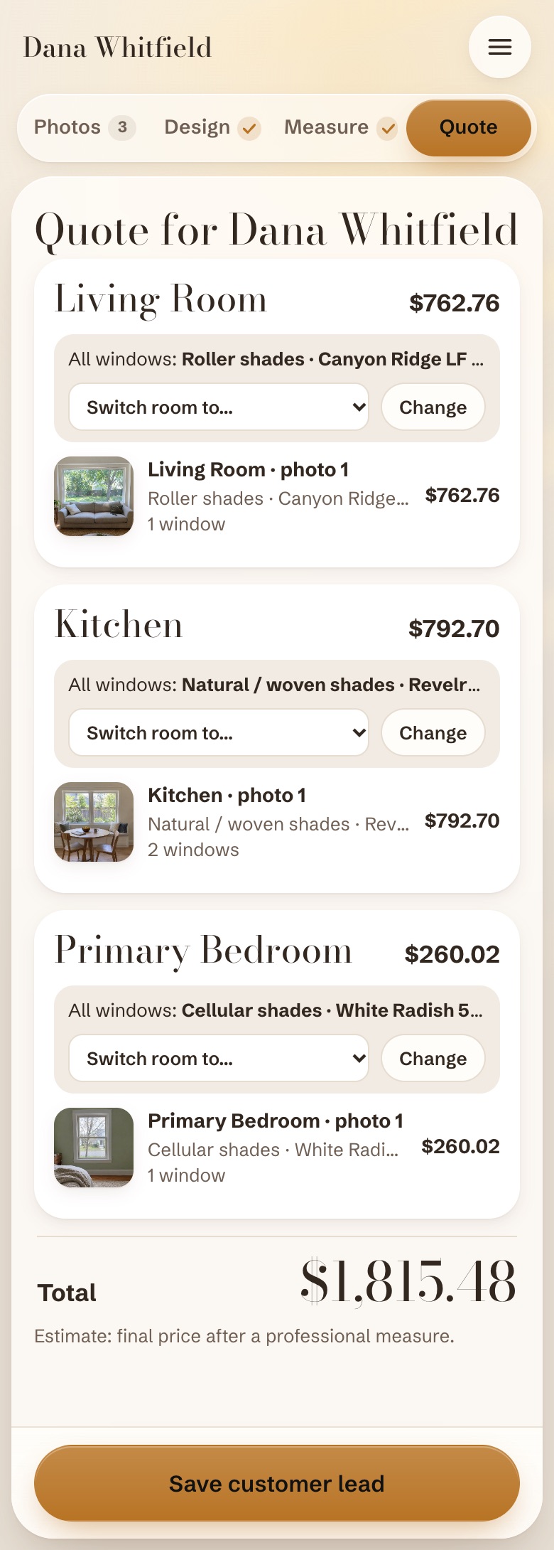 HeadRail rep app, Quote step: living room, kitchen and bedroom priced separately with a job total