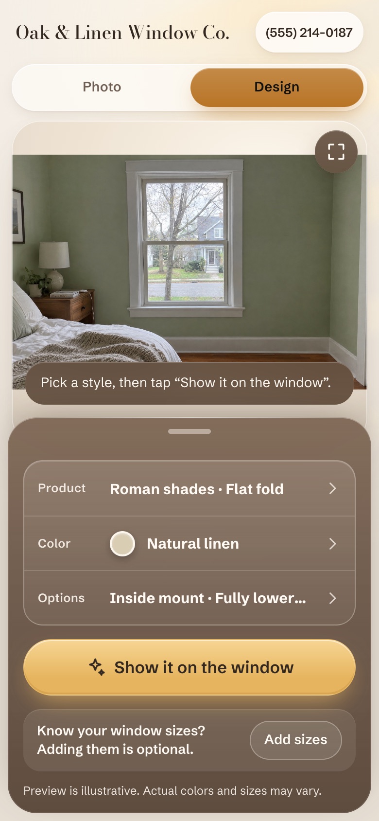 The HeadRail website widget on a dealer site: a homeowner's bedroom photo with Roman shades in natural linen selected